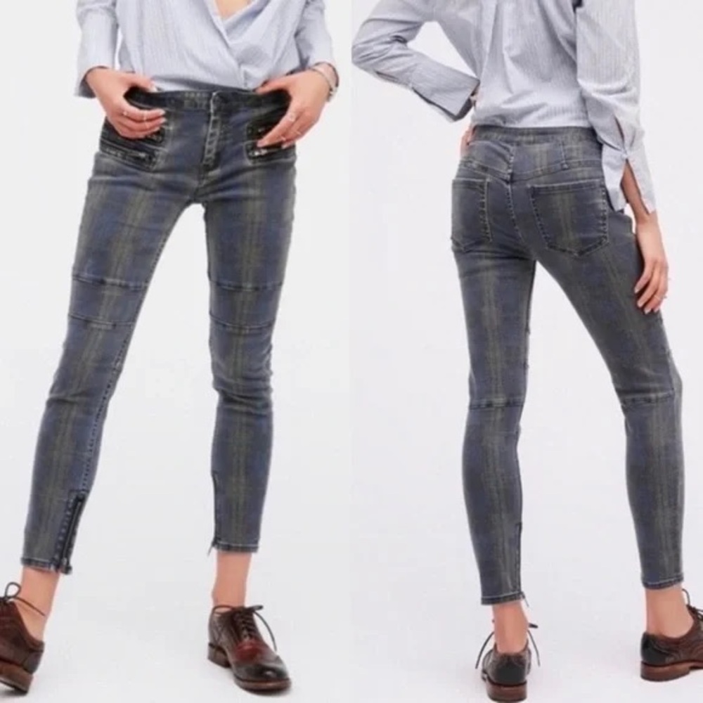 Free People Lennon Tartan Moto Jeans